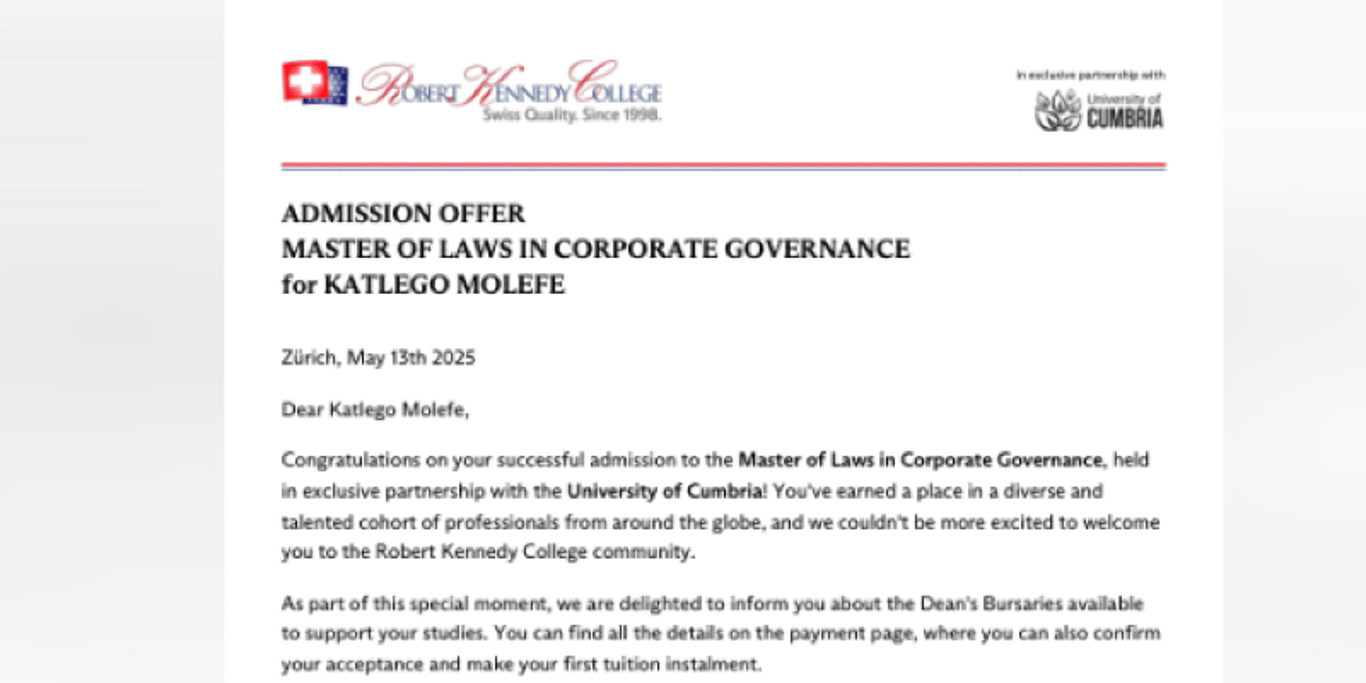 🎓Help Katlego Fund His LLM In Corporate Governance - CHF 12 600 Needed