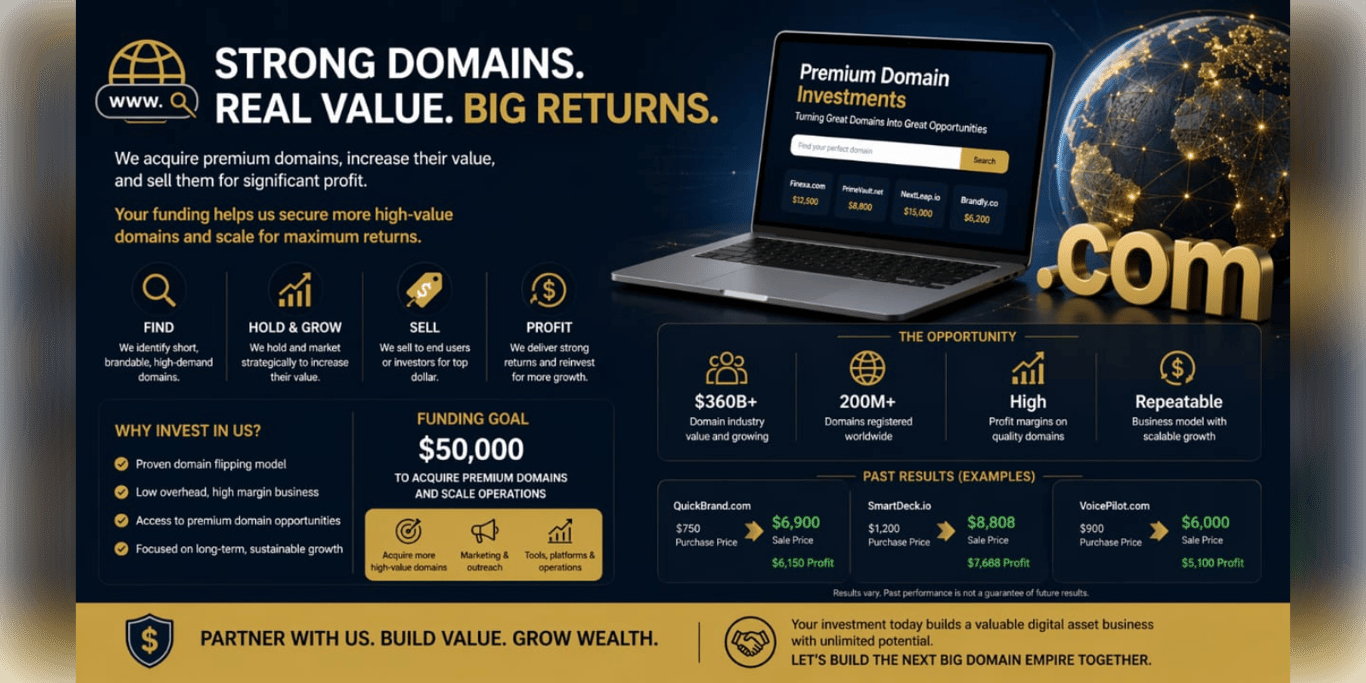 To secure funding for acquiring and reselling premium domain names with ROI